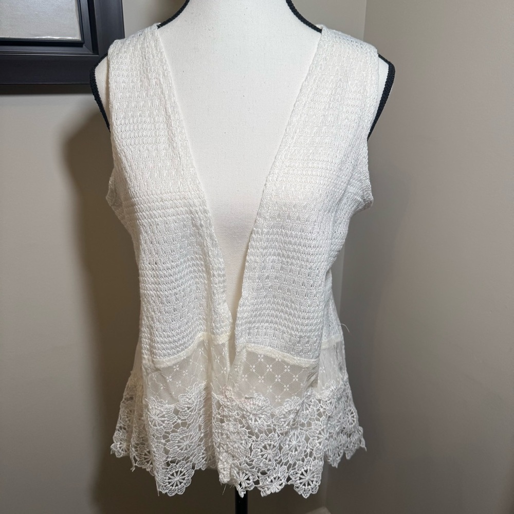 Self Esteem White Crochet Lace Vest Open Front Boho‎ Festival Layering Size L